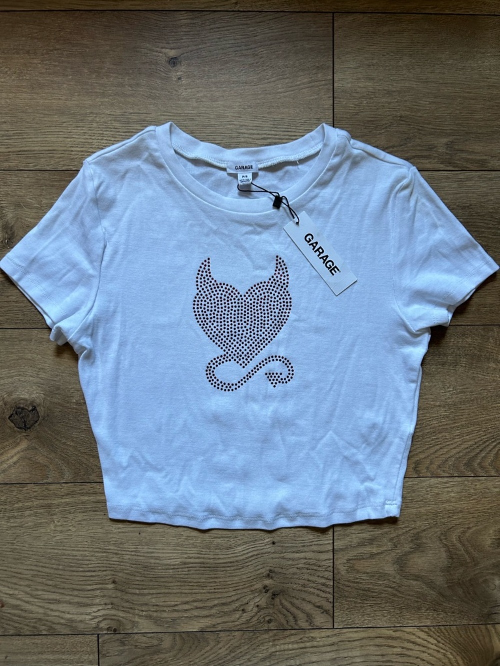 Garage NWT White Crop Tee with Rhinestone Devil Heart